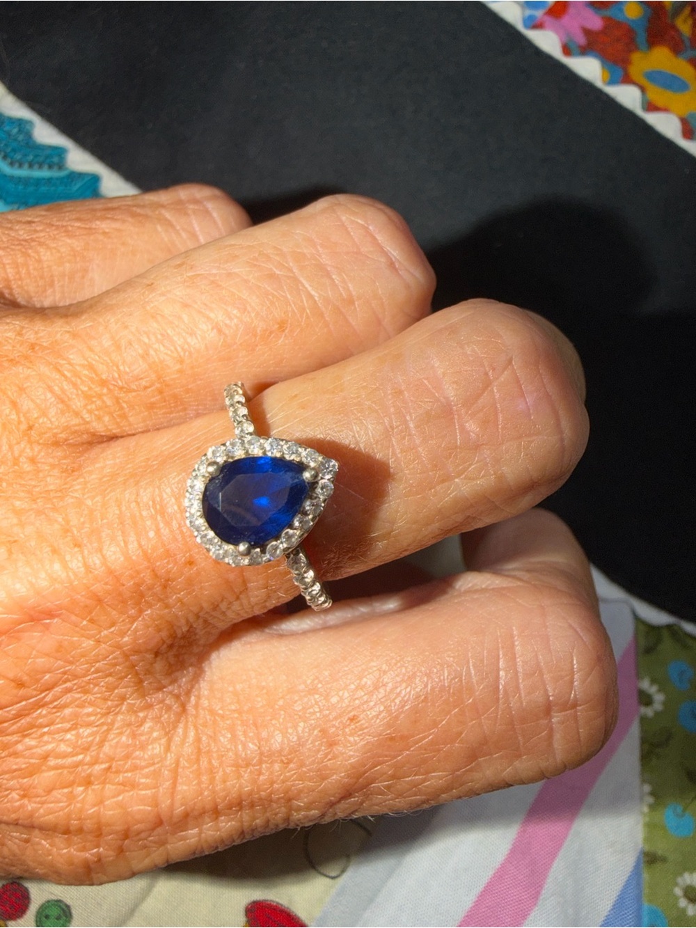 Blue Teardrop Halo Ring with Pavé Band